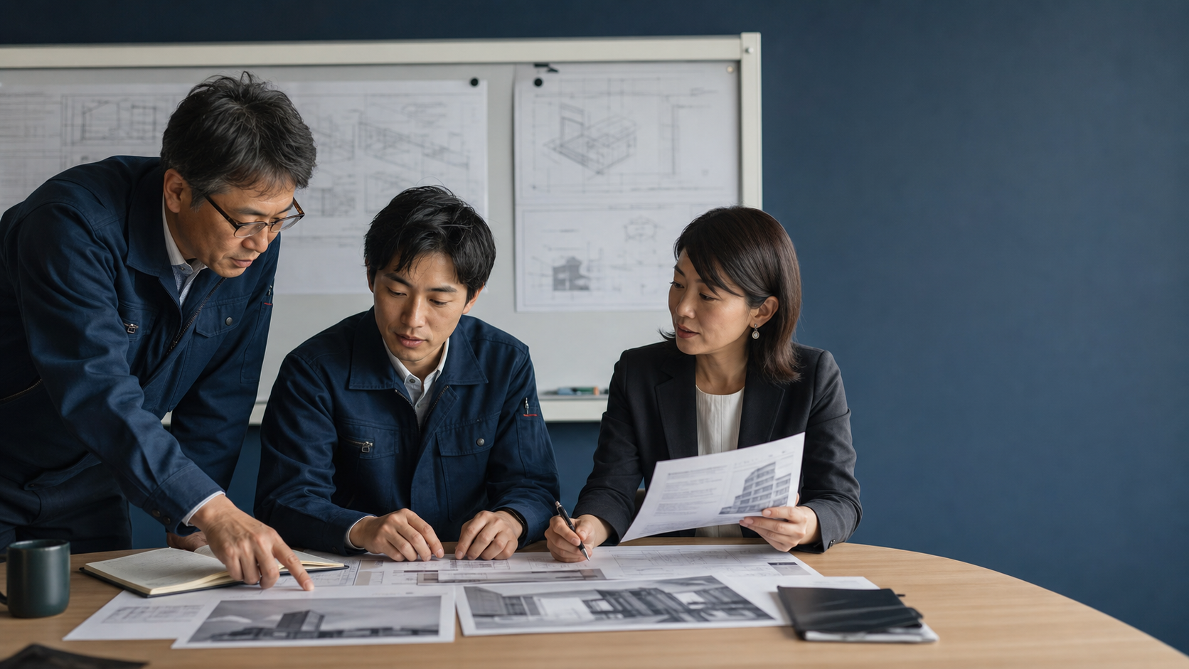 Japanese engineering and operations team reviewing technical decision evidence and a bilingual expert-profile draft.