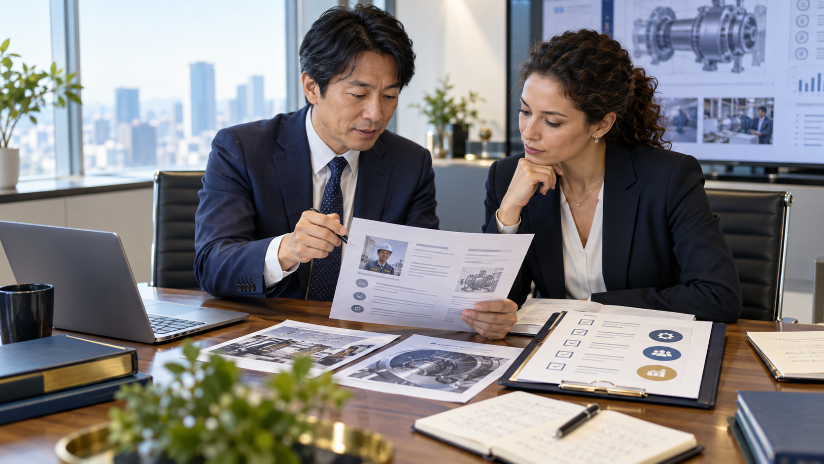 A Japanese supplier lead and a U.S. evaluator reviewing an expert profile, technical evidence and a verification checklist.